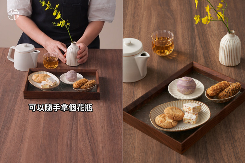 擺盤完成後,在旁邊隨意點綴放上一束鮮花,整體的空間氛圍感直接滿分!
